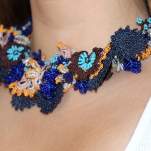 Statement Frau Halskette Nadelspitze Braun Kaffee Indigo Blau Sommer Accessoires Geschenk für ihre Hochzeit Halskette Modeschmuck Geschenk