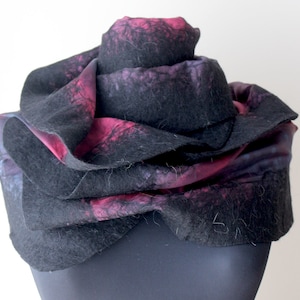 Medium Size Hand Felted Black Purple Cotton Scarf Merino Wool Flower Pattern Autumn Winter Accessories Gift for Her Felted Scarf Woman Scarf