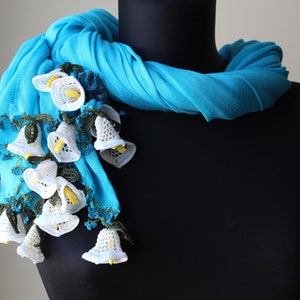 Handmade Turquoise Cotton Woman Scarf Wrap decorated with Crochet Flowers Summer Scarf Wedding Shawl image 5