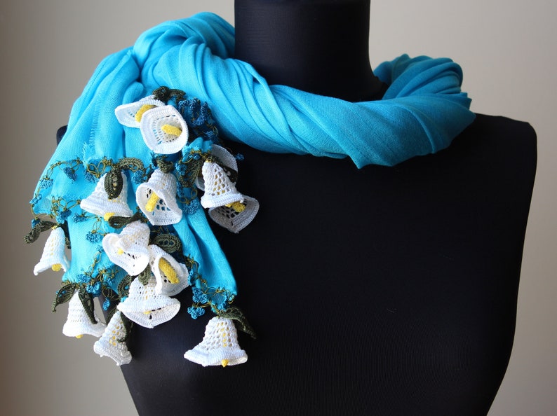 Handmade Turquoise Cotton Woman Scarf Wrap decorated with Crochet Flowers Summer Scarf Wedding Shawl image 5