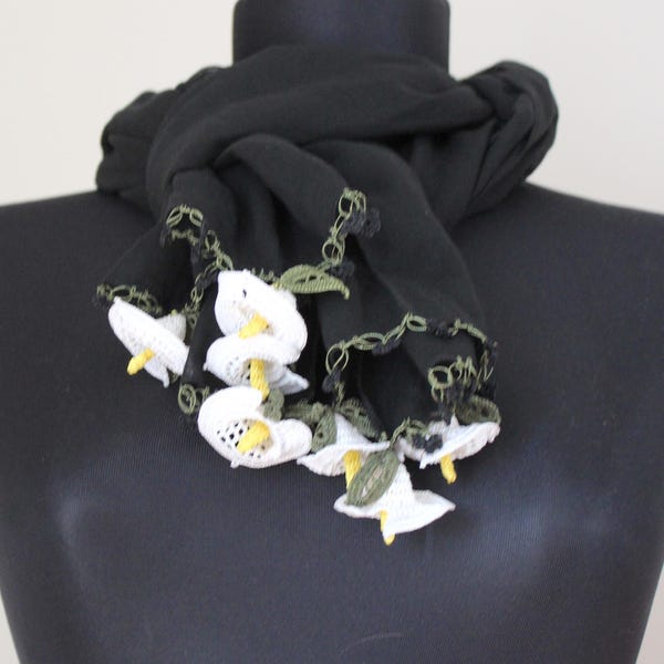 Midnight Lilies: Handmade 100% Cotton Black Scarf with Elegant White Crochet Lily Flowers