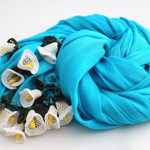 Handmade Turquoise Cotton Woman Scarf Wrap decorated with Crochet Flowers Summer Scarf Wedding Shawl image 6