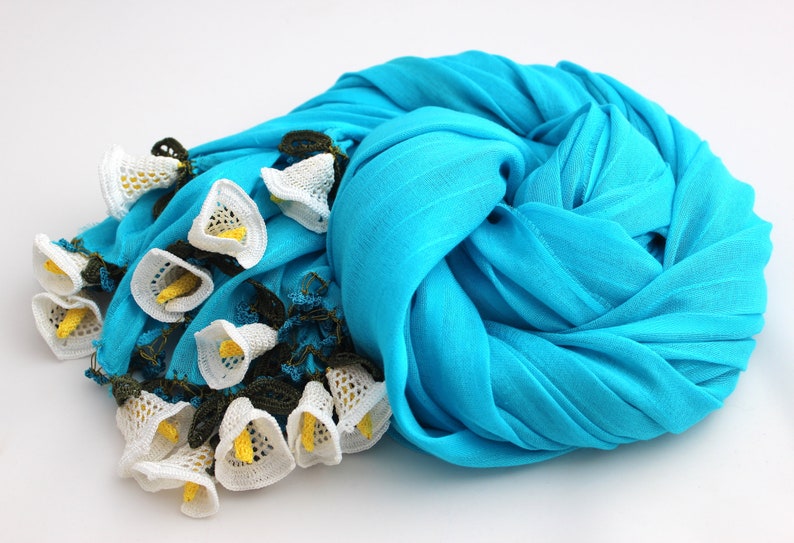 Handmade Turquoise Cotton Woman Scarf Wrap decorated with Crochet Flowers Summer Scarf Wedding Shawl image 6