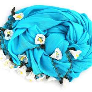 Handmade Turquoise Cotton Woman Scarf Wrap decorated with Crochet Flowers Summer Scarf Wedding Shawl image 8