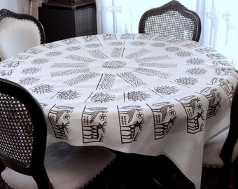 Black and Off White Block Printed Cotton Tablecloths - Traditional Turkish Anatolian Hand Printed Block Design