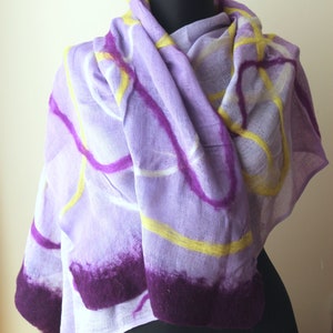 Large Size Hand Felted Purple Cotton Scarf Shawl Merino Wool Abstract Pattern Autumn Winter Accessories Gift for Her Felted Shrug Woman Wrap