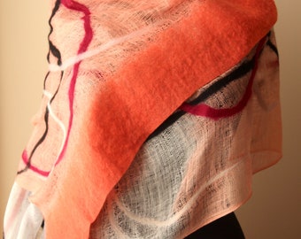 Large Size Hand Felted Peach Orange Cotton Scarf Shawl Wool Abstract Pattern Autumn Winter Accessories Gift for Her Felted Shrug Woman Wrap