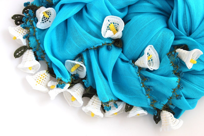 Handmade Turquoise Cotton Woman Scarf Wrap decorated with Crochet Flowers Summer Scarf Wedding Shawl image 9