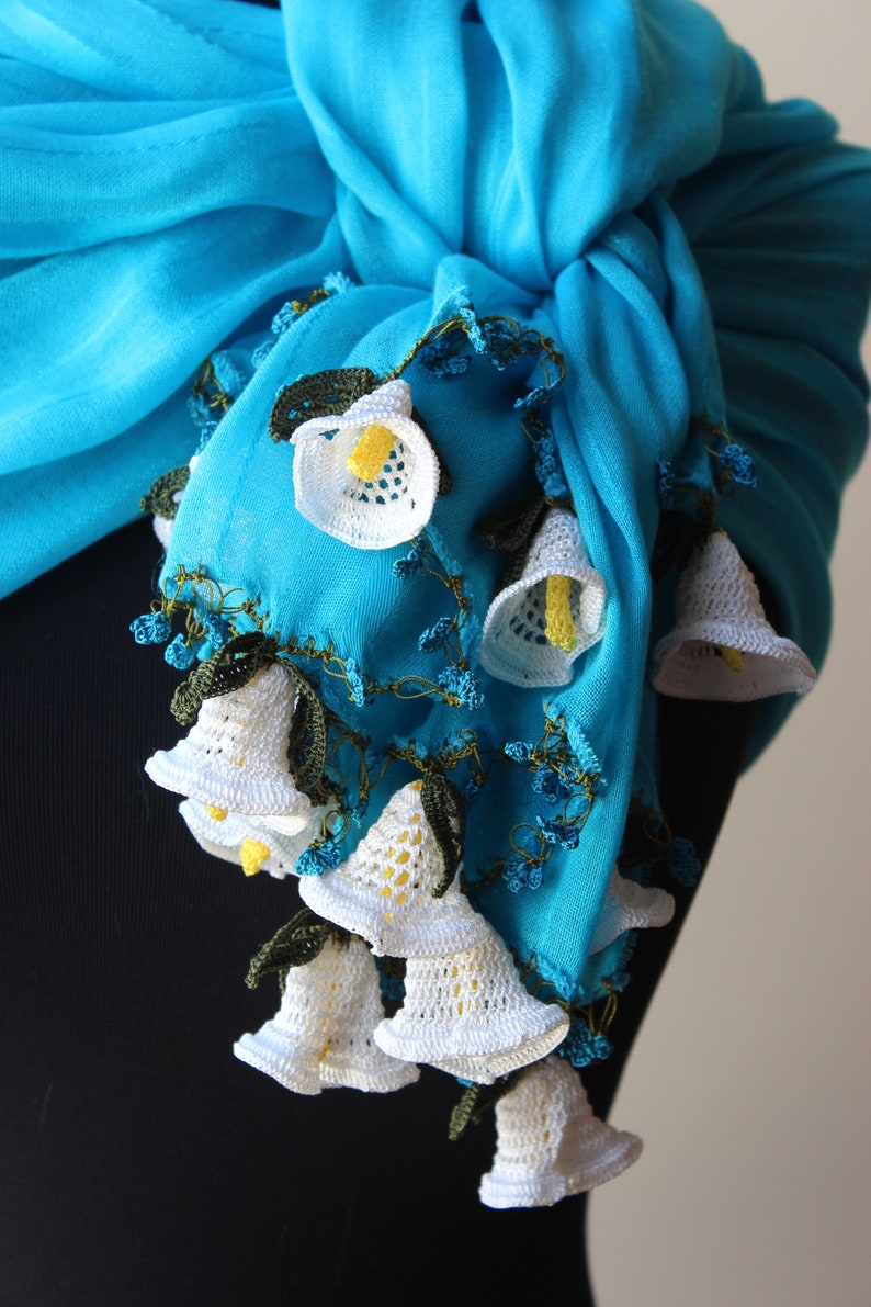 Handmade Turquoise Cotton Woman Scarf Wrap decorated with Crochet Flowers Summer Scarf Wedding Shawl image 4