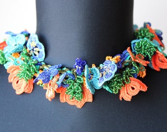 Beautiful Women Multicolor Orange Blue Necklace Oya Summer Accessories Gift for girl Fashion Crochet  Chocker