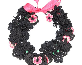 Black Crochet Beaded Necklace, Needle Lace Oya Choker