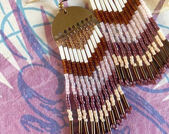 Boho Fringe Beaded Earrings | Brass Half Moon | Gold-Plated Wires | Miyuki Beads