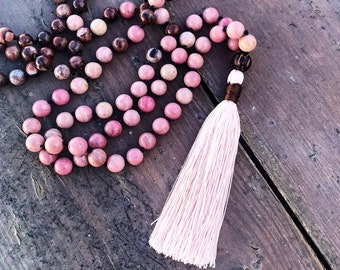 Red Picture Jasper and Rhodonite Mala, 108 Mala Necklace, Hand Knotted Mala, Red Jasper, Mala Beads, Tassel Necklace