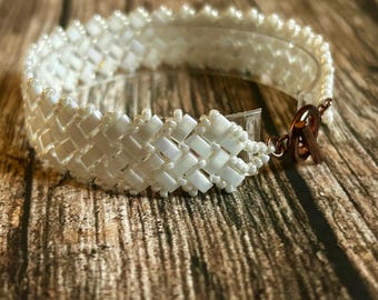 Miyuki Half Tila bead bracelet, white beaded handmade bracelet, handwoven boho style jewellery
