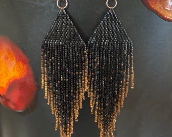 Ombre Fringe Earrings: Black Copper Beaded Statement Earrings