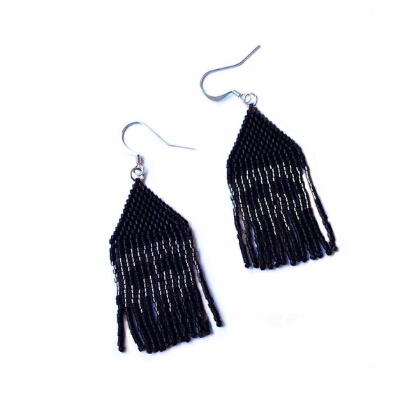 Metallic Skulls Day of the Dead Handmade Seed Bead Earrings Beaded Skull Earrings Boho Dark Goth Halloween Long Beaded Fringe Earrings