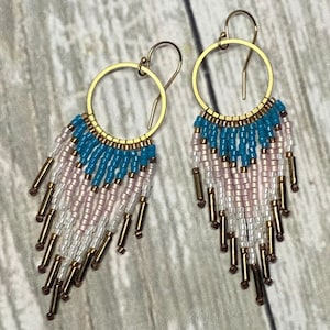 Brass Hoop Seed Bead Fringe Earrings: Turquoise, Rose Gold