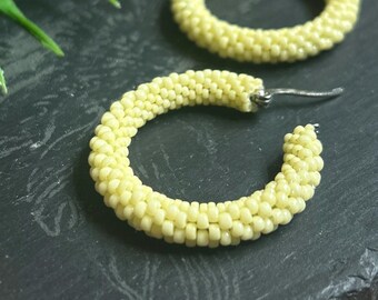 Handmade Beaded Hoop Earrings – Butter Yellow Beads, Lightweight Everyday Hoops