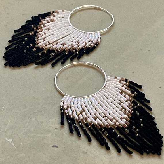 Seed Bead Hoop Earrings, Tribal Style Fringe Earrings, Boho Style