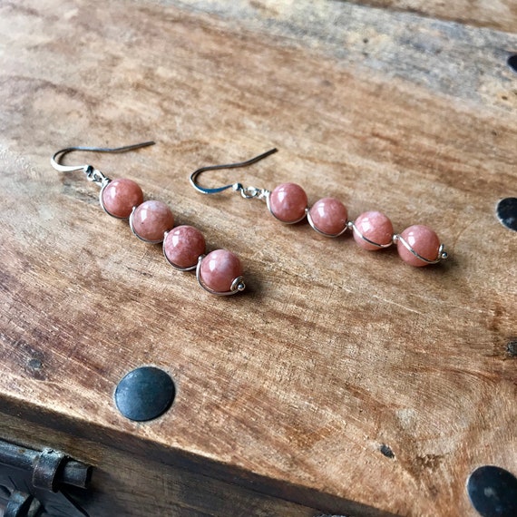 Sunstone Drop Earrings: Silver Plated Wire-Wrapped Gemstone Jewelry