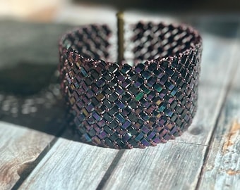 Miyuki Half Tila Beaded Cuff Bracelet: Handwoven Plum Black Jewellery