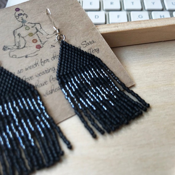 Metallic Skulls Day of the Dead Handmade Seed Bead Earrings Beaded Skull Earrings Boho Dark Goth Halloween Long Beaded Fringe Earrings