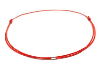 Bracelet fin cordon ROUGE tube 2 mm en argent massif 925 Bracelet minimaliste Femme Homme Ado Chance amitié