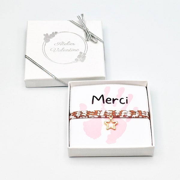 MERCI , bracelet ajustable liberty, idée cadeau original, cadeau fin d'année, cadeau maitresse, professeur, nounou, atsem, copine, soeur