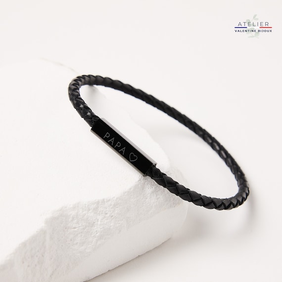 PAPA , Bracelet cordon cuir noir, bracelet personnalisé PAPA, cadeau Noël Papa, Bonne fête Papa, futur papa, anniversaire papa,