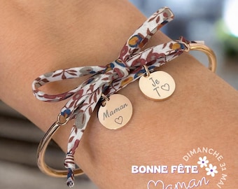 Bonne fête maman, Jonc avec cordon Liberty, bijou pour une maman, bracelet personnalisé, fête des mamans, cadeau pour une Maman,
