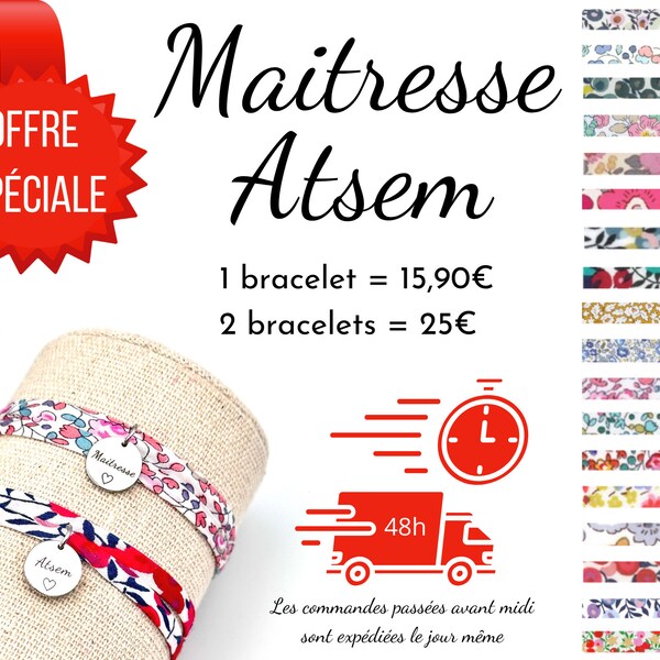 Bracelet Liberty ajustable, Médaille personnalisé, Maitresse, Atsem, cadeau fin d'année scolaire, cadeau original maitresse, cadeau atsem