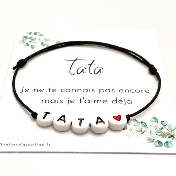 Bracelet TATA perles N&B coeur couleur - Bracelet TATA, perle lettre, annonce tata, future tata, annonce original, bracelet personnalisé