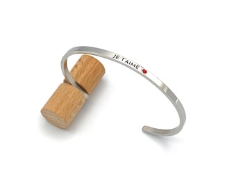 JE T'AIME (coeur rouge) - Jonc AJUSTABLE, bracelet en acier inoxydable, anti-allergies, cadeau original amour, st Valentin , love