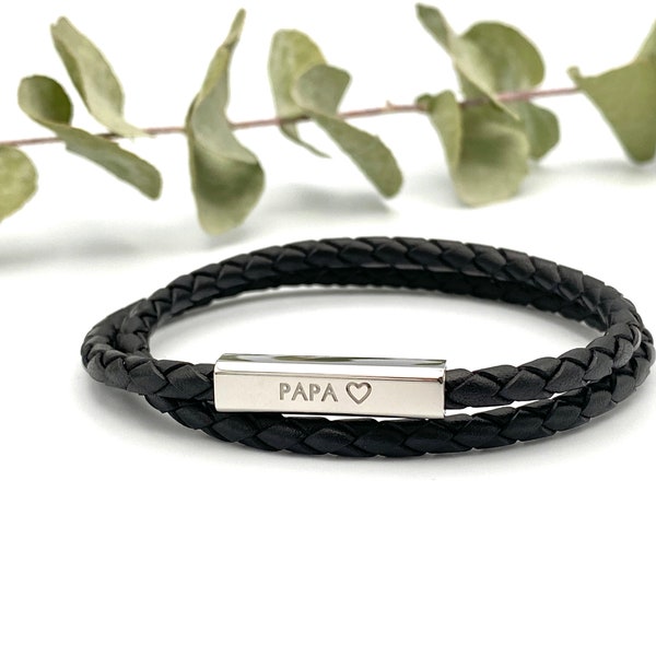 Bracelet personnalisé PAPA, Bracelet cordon cuir noir HOMME personnalisé, fête des pères, fête des papas, cadeau papa, cadeau original papa