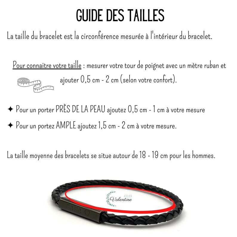 May include: A guide to sizing leather bracelets, with a black leather bracelet with a silver clasp. The guide includes instructions on how to measure your wrist and add extra length for a comfortable fit.