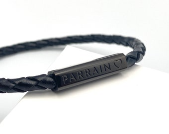 PARRAIN, Bracelet cordon cuir noir, bracelet personnalisé PARRAIN, demande Parrain, bapteme, bracelet parrain, futur parrain,annonce parrain