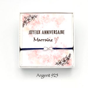 Coffret Anniversaire Marraine, Bracelet ajustable , bracelet argent femme, INFINI ARGENT 925, cadeau anniversaire, bracelet cordon infini image 1