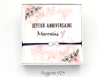 Coffret - Anniversaire Marraine, Bracelet ajustable , bracelet argent femme, INFINI ARGENT 925, cadeau anniversaire, bracelet cordon infini