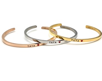 TATA (Coeur rouge) - Gravure noire, Bracelet jonc AJUSTABLE, bracelet en acier inoxydable, cadeau original pour future tata , bracelet tata