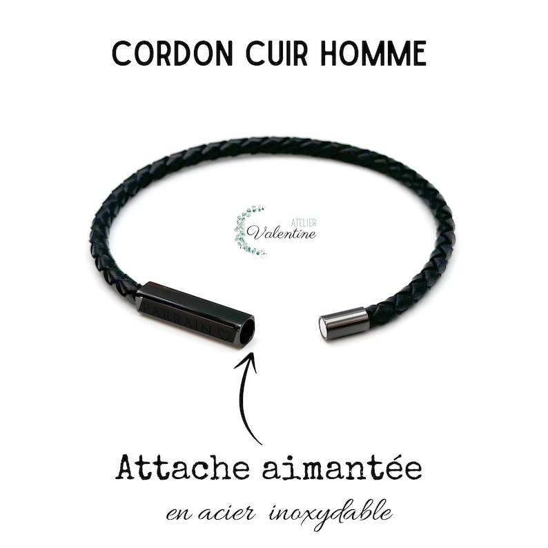 May include: Black leather bracelet with a magnetic clasp. The clasp is made of stainless steel and has the words "Atelier Valentine" engraved on it.