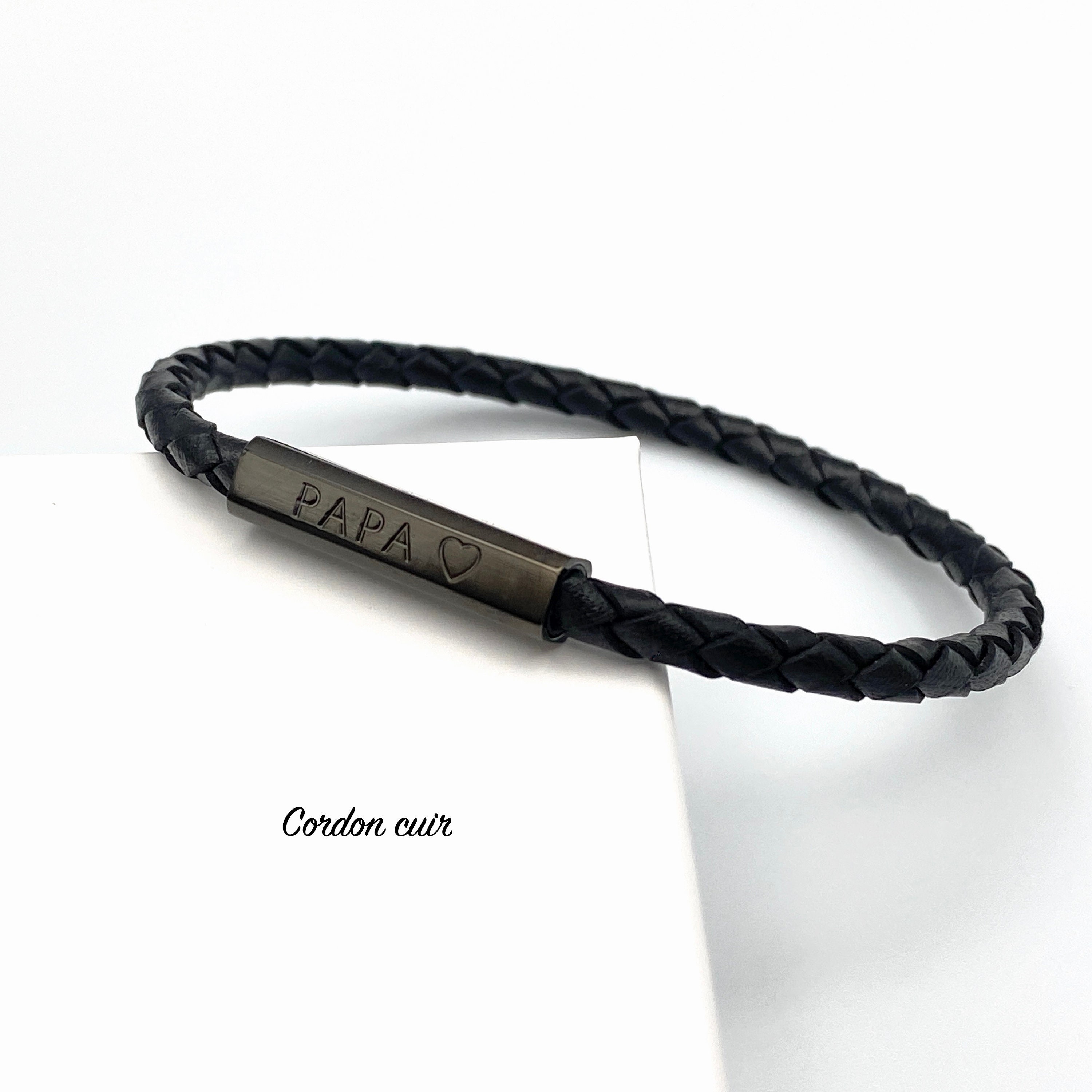 PAPA Black Leather Cord Bracelet Personalized PAPA Bracelet Etsy