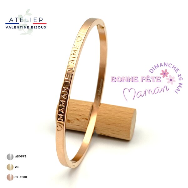 MAMAN JE T'AIME - Top Qualité ! Bracelet jonc, acier inoxydable, cadeau fête des mères, cadeau maman, bijoux personnalisé