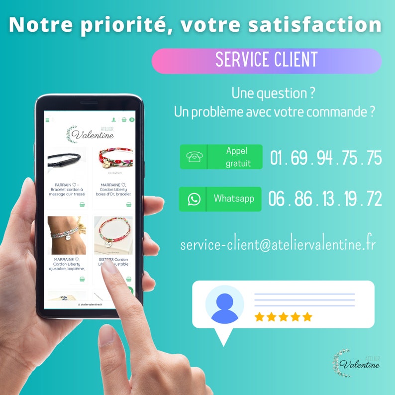 May include: A mobile phone screen displaying a website for Atelier Valentine, a jewelry shop. The website features images of bracelets and necklaces, along with descriptions and prices. The phone is being held by a hand, and the background is a light blue color. The text on the screen reads "Notre priorit&eacute;, votre satisfaction" and "Service Client".