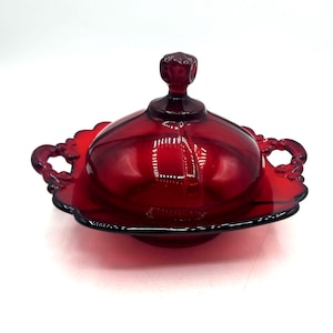 Vintage Ruby Red Glass Butter Dish with Handles Round Plate and Lid