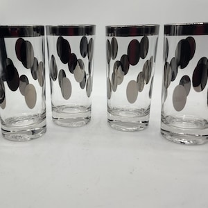 Mid Century Barware Oblong Dots Silver Glassware Set of 4 Tumblers/High Ball