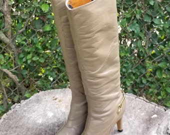 15 inches calf boot upcycled boot square end painted by hand size 37 black leather boot small heel