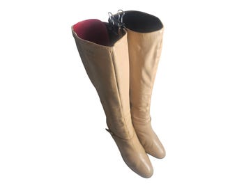 Vintage 1980s Tan Leather Heeled High Calf Boots Sized 6B