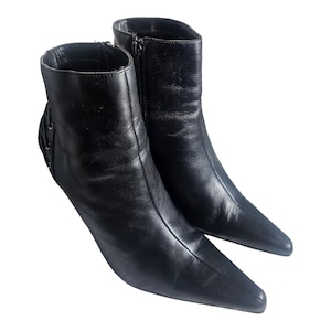 Vintage Black Ankle Booties By Bakers/Size 8.5 Side Zipper Black Leather Stiletto
