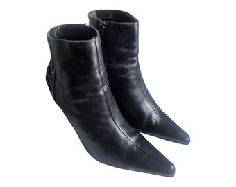Vintage Black Ankle Booties By Bakers/Size 8.5 Side Zipper Black Leather Stiletto