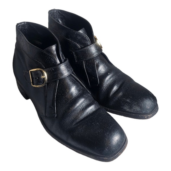 Vintage FLORSHEIM IMPERIAL Black Mens Ankle Buckle Leather Boots Size 10.5 D